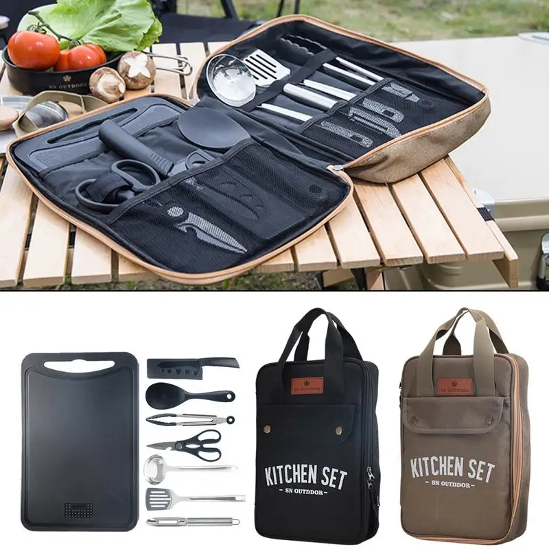 Camping Cooking Bundle - 8-delige campingkeukenset, draagbare outdoor reisgerei, roestvrijstalen